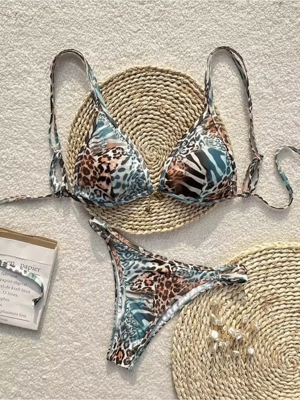 SHEIN Blue & Brown Leopard Print Bikini with Gold Jewelry Charms size XS